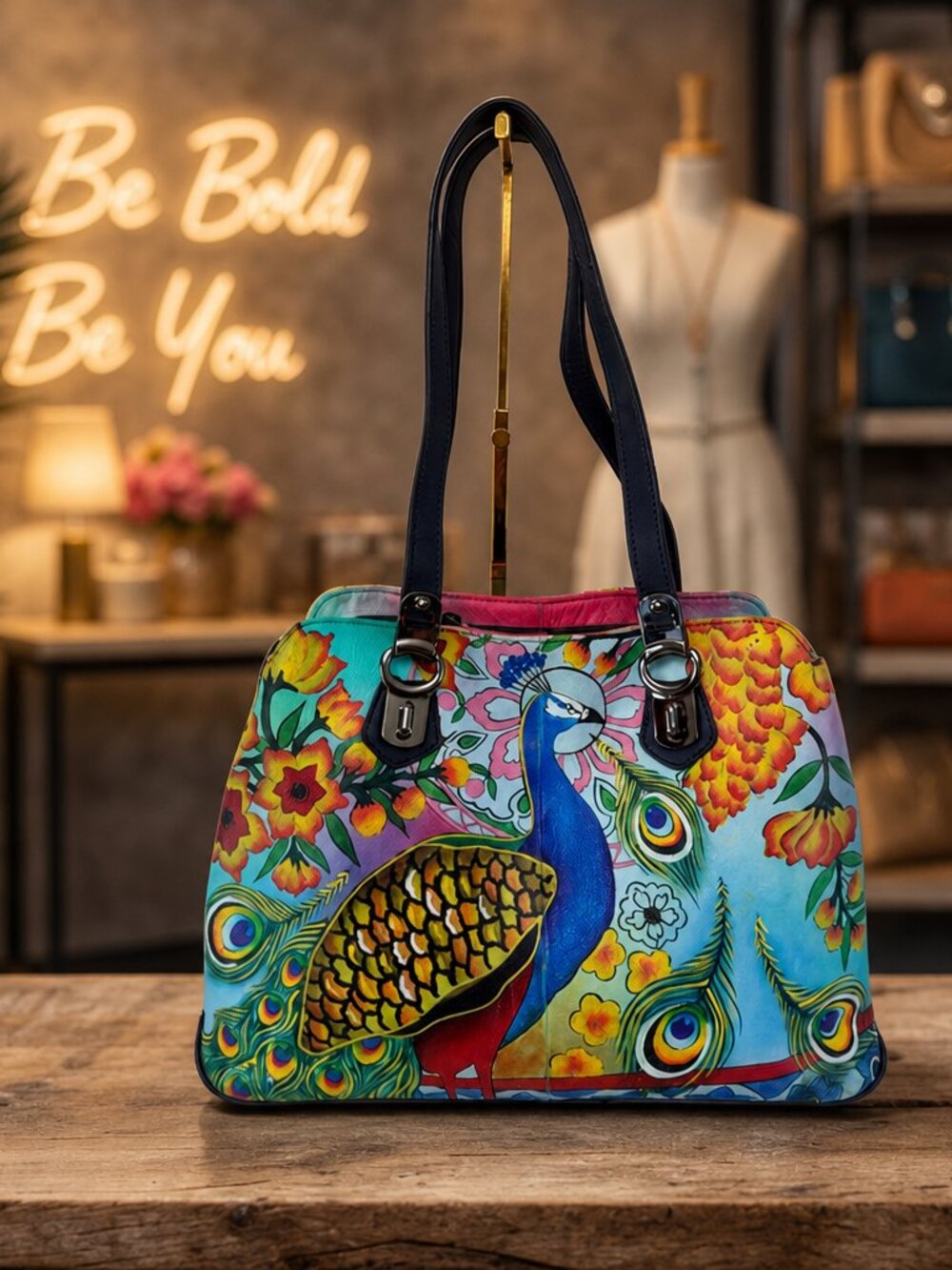 Sharif Vibrant Hand Painted Peacock Leather Shoulder Bag